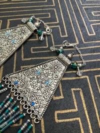 Image 3 of Extra long blue statement beaded fringe tunnel earrings
