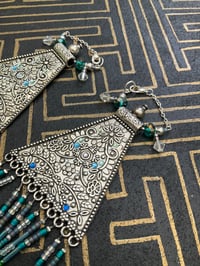 Image 3 of Extra long blue statement beaded fringe tunnel earrings 