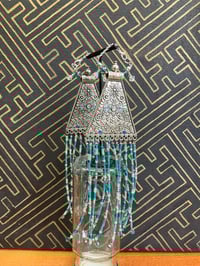 Image 5 of Extra long blue statement beaded fringe tunnel earrings