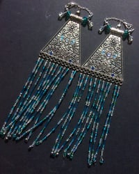 Image 4 of Extra long blue statement beaded fringe tunnel earrings
