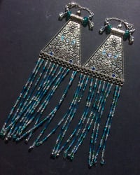 Image 4 of Extra long blue statement beaded fringe tunnel earrings 