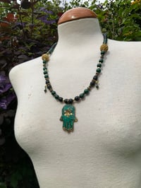 Image 1 of Hamsa hand malachite pendant necklace 