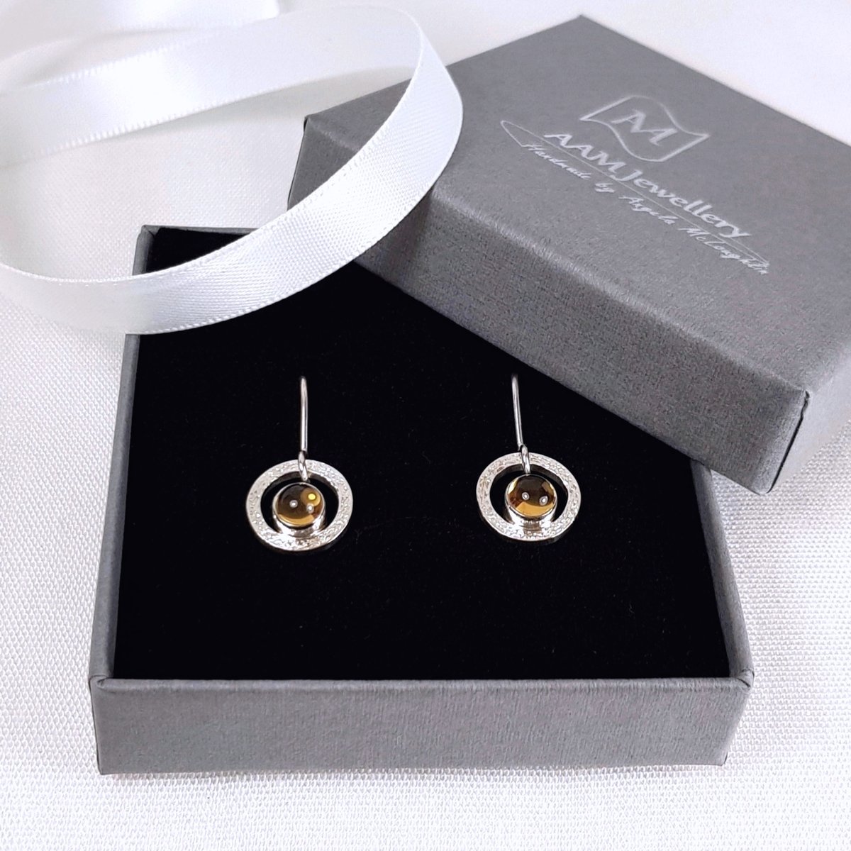 Image of Handmade Silver Citrine Earrings, Solid Sterling Silver Drop Earrings with Genuine Citrine Gemstones