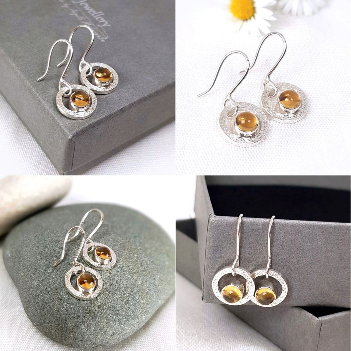 Image of Handmade Silver Citrine Earrings, Solid Sterling Silver Drop Earrings with Genuine Citrine Gemstones