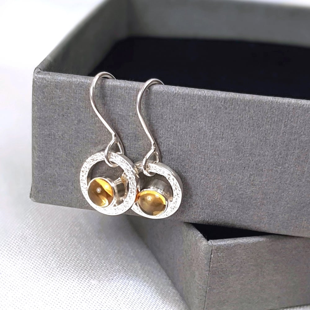 Image of Handmade Silver Citrine Earrings, Solid Sterling Silver Drop Earrings with Genuine Citrine Gemstones