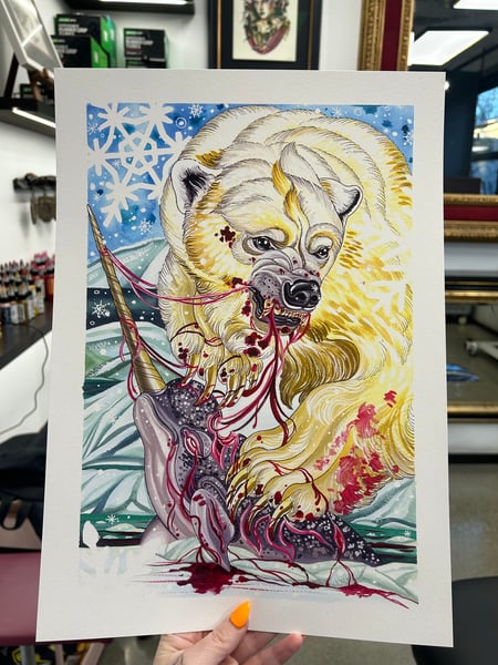 Image of Winter polar bear vs narwhal A3 print