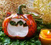 Image 2 of Candleholders: Ceramic Halloween pumpkin kittycat for Halloween jack-o-lantern gift
