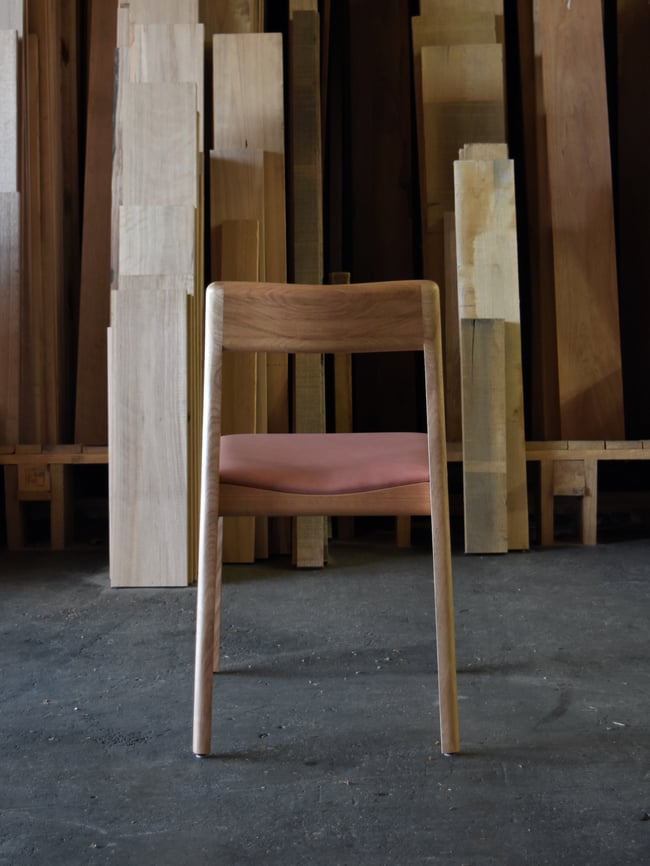 ROSE DINING CHAIR IN TASMANIAN OAK WITH AN UPHOLSTERED LEATHER SEAT