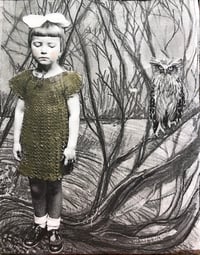 Image 1 of "Hoot" Forest girl and owl mixed media B&W painting 