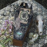 Image 1 of Wooden Coffin Mixed Media Stash Box / Trinket Box - "The World" Tarot Card