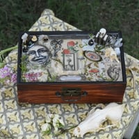 Image 1 of Wooden Coffin Mixed Media Jewelry/ Trinket Box w/ Mirror & Removable Compartments "Queen of Elixirs"