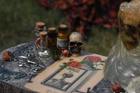 Image 2 of Black Wooden Coffin Mixed Media Stash Box / Trinket Box - Veiled Skeleton and Queen of Elixers Tarot