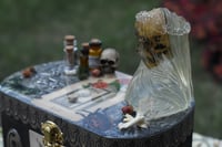 Image 5 of Black Wooden Coffin Mixed Media Stash Box / Trinket Box - Veiled Skeleton and Queen of Elixers Tarot