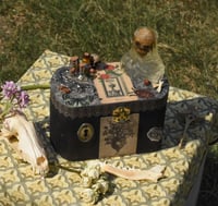 Image 1 of Black Wooden Coffin Mixed Media Stash Box / Trinket Box - Veiled Skeleton and Queen of Elixers Tarot