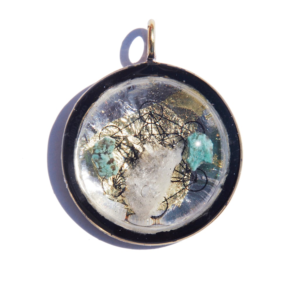 Image of 43mm:  Brazilian Quartz/Patagonia Turquoise/Black Tourmaline/24K Gold/Metatron's Cube/SL - 59-1