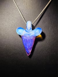 Image 2 of Shark tooth pendant made with pink slyme and moonstone. 