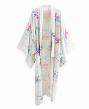 Image of Silke kimono dame - hvid/lyseblå med pink blomster