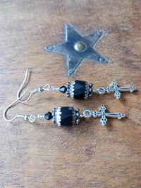 Image 6 of Gothic silver cross charm earrings handmade with faceted matt black faceted glass beads