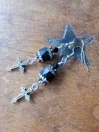 Image 3 of Gothic silver cross charm earrings handmade with faceted matt black faceted glass beads