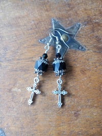 Image 9 of Gothic silver cross charm earrings handmade with faceted matt black faceted glass beads