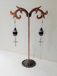 Image 5 of Gothic silver cross charm earrings handmade with faceted matt black faceted glass beads