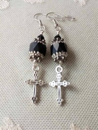 Image 7 of Gothic silver cross charm earrings handmade with faceted matt black faceted glass beads