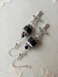 Image 10 of Gothic silver cross charm earrings handmade with faceted matt black faceted glass beads