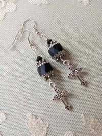 Image 4 of Gothic silver cross charm earrings handmade with faceted matt black faceted glass beads