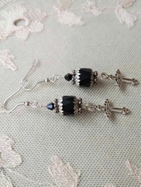 Image 11 of Gothic silver cross charm earrings handmade with faceted matt black faceted glass beads