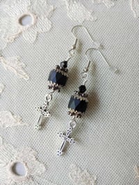 Image 2 of Gothic silver cross charm earrings handmade with faceted matt black faceted glass beads