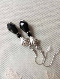 Image 9 of Art Deco Fan Black Crystal Teardrop Earrings, Pierced or Clip On