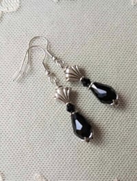 Image 3 of Art Deco Fan Black Crystal Teardrop Earrings, Pierced or Clip On