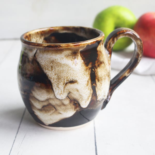 Image of Handmade Mug with Dripping Earthy Brown and Melting Marshmallow Glaze, Made in USA