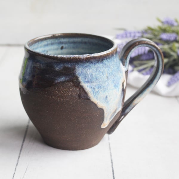 Image of Rustic Pottery Mug with Dripping White Glaze over Dark Brown Clay, Made in USA Ready to Ship