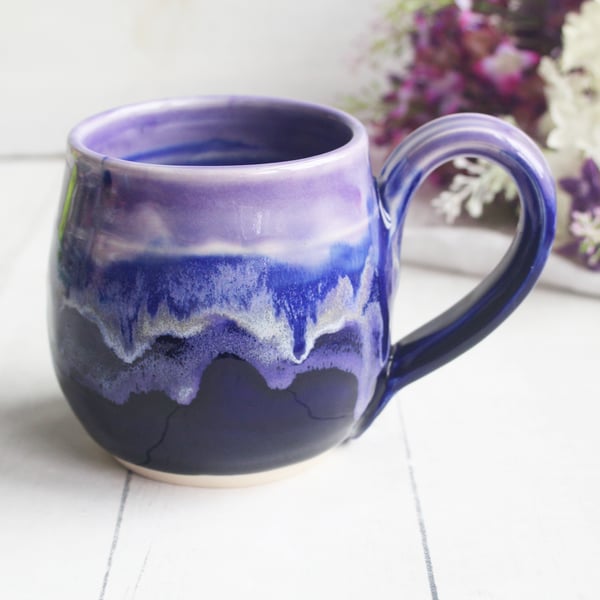 Image of Stoneware Mug in Dripping Blue and Purple Glazes, 14 oz. Handmade Pottery Coffee Cup, Made in USA