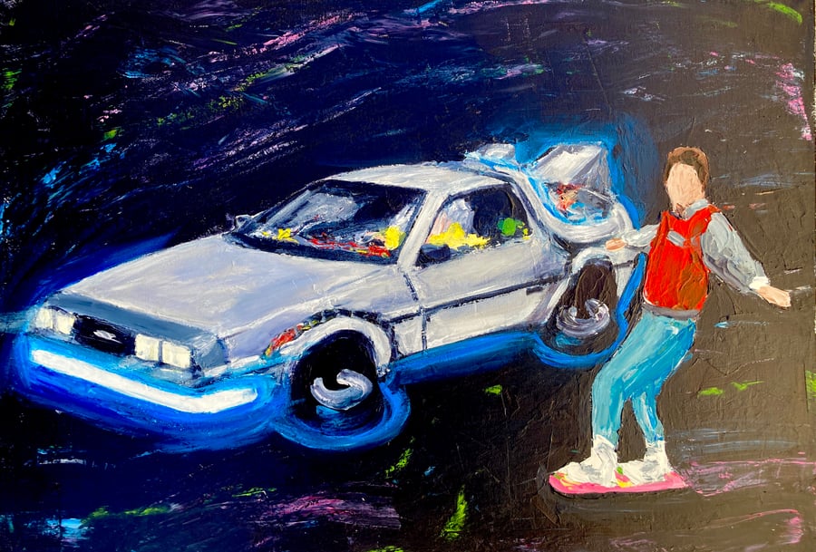 Image of The Delorean and Marty Mcfly original painting 