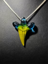 Image 1 of Shark tooth pendant made with jade and blue stardust. 