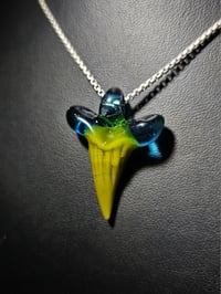 Image 3 of Shark tooth pendant made with jade and blue stardust. 