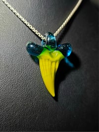 Image 2 of Shark tooth pendant made with jade and blue stardust. 