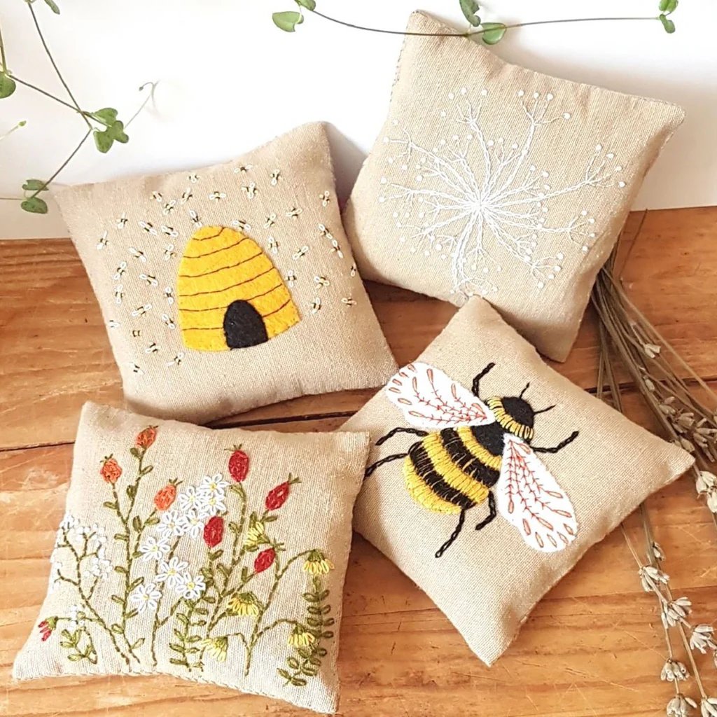 Image of Bees Linen Lavender Bags Embroidery kit