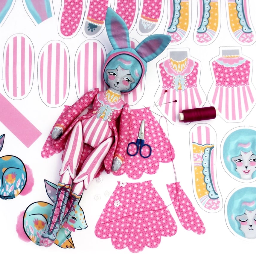 Image of DIY Dolly Kit - Mewky the Circus Ringmaster Cat Bunny Doll