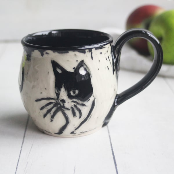 Image of Black Cat Sgraffito Mug, Hand Carved Kitty Coffee Cup, 12 oz., Made in USA