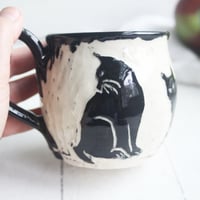 Image 5 of Black Cat Sgraffito Mug, Hand Carved Kitty Coffee Cup, 12 oz., Made in USA
