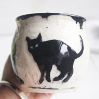Image 7 of Black Cat Sgraffito Mug, Hand Carved Kitty Coffee Cup, 12 oz., Made in USA