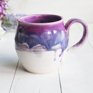 Image of Purple and White Pottery Mug with Dripping Artful Glaze, 14 Ounce Ceramic Mug, Made in USA