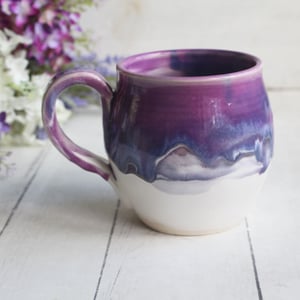 Image of Purple and White Pottery Mug with Dripping Artful Glaze, 14 Ounce Ceramic Mug, Made in USA