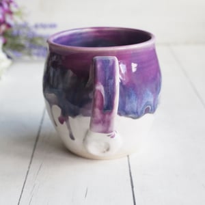 Image of Purple and White Pottery Mug with Dripping Artful Glaze, 14 Ounce Ceramic Mug, Made in USA