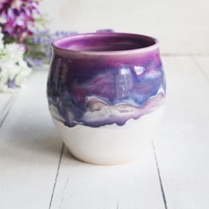 Image of Purple and White Pottery Mug with Dripping Artful Glaze, 14 Ounce Ceramic Mug, Made in USA