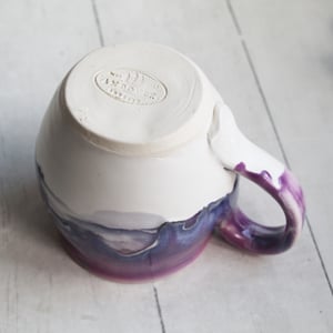 Image of Purple and White Pottery Mug with Dripping Artful Glaze, 14 Ounce Ceramic Mug, Made in USA