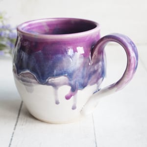 Image of Purple and White Pottery Mug with Dripping Artful Glaze, 14 Ounce Ceramic Mug, Made in USA